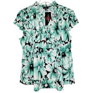 Cocomo Plus Size 1X Black & Mint Floral Print Pintuck Short Flutter Sleeve Top